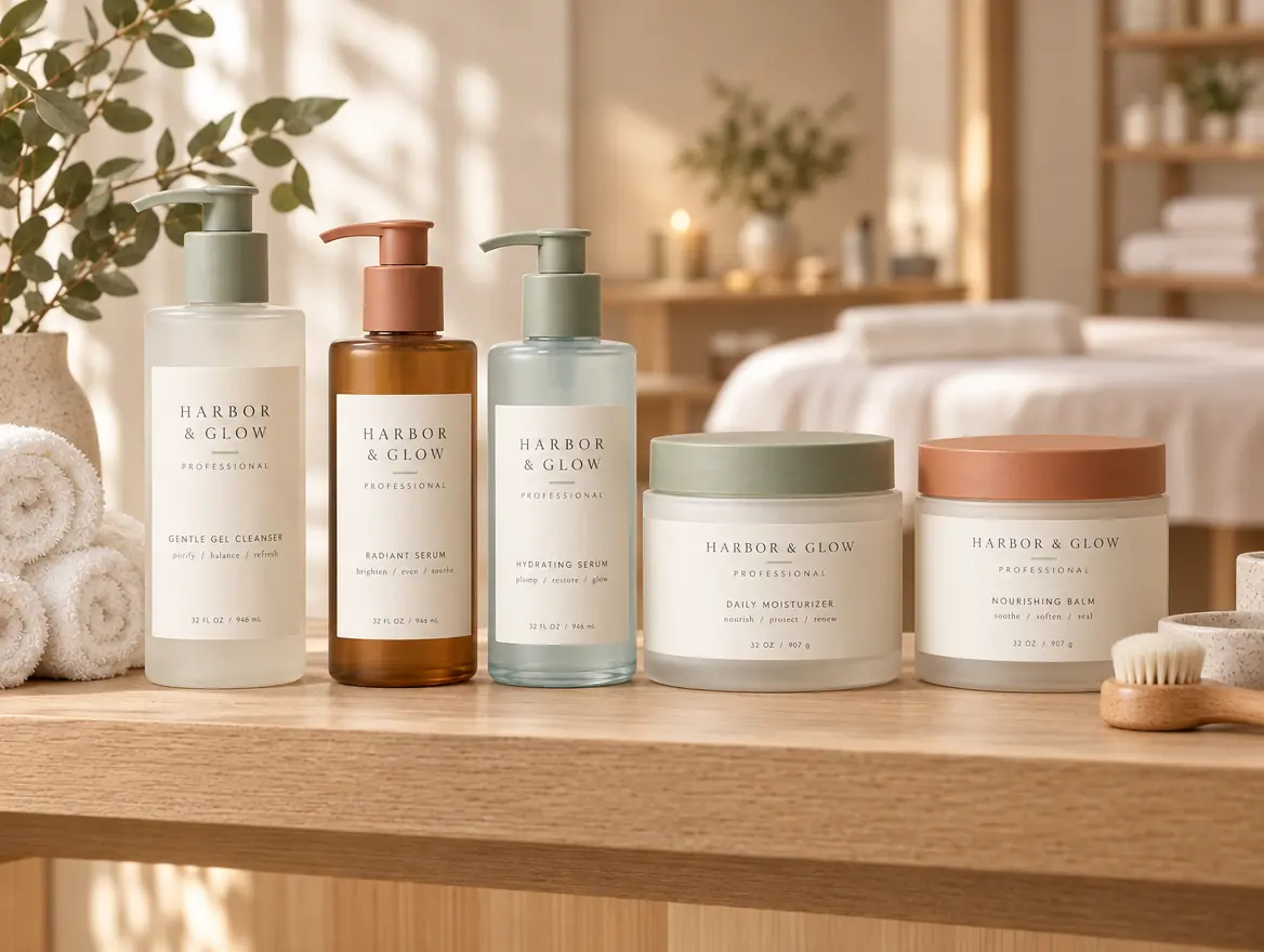 Professional-size Harbor & Glow bottles on a spa back-bar shelf