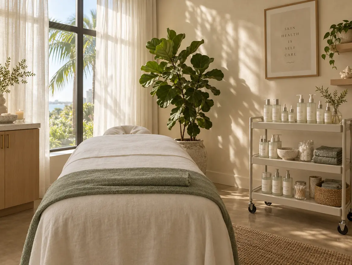 A calm treatment studio with linen-draped bed and skincare cart